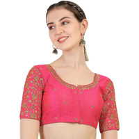 Pujia Mills Women's Phantom Silk Flowerhalf Sleeve Saree Blouse (Flowerr Blouse_Gajari_36 Size+Margin)