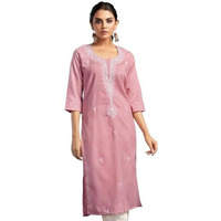 Sanisa Women's Cotton Blend Chikankari Embroidery Straight Kurti (473K10016N-L_Pink)