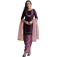 Sanisa Women's Velvet Embroidery Straight Kurta With Pant And Lace Work Dupatta (96Kbd1055Nz-Xl_Wine)