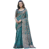 Satrani Women's Organza Banarasi Jacquard Saree With Unstitched Blouse Piece (3639S414N_Rama Blue)