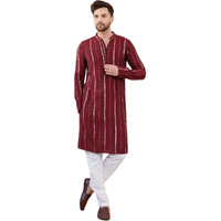 See Designs Men Full Sleeve Side Slit Burgundy And Gold Chanderi Silk Sequins Mandarin Collar Kurta - Sd2Kt_2433Xl