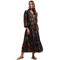 Selvia Women's Printed Full Sleeves Poly Rayon V-Neck Fit & Flare Dress (493Tk7614N-Xl_Navy Blue &Multi)
