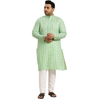 Sojanya Plus (Since 1958) Men's Cotton Blend Pista Green Printed Kurta And White Pyjama Set