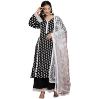 Stylum Women's Floral Printed Rayon Straight Kurta Palazzo Dupatta Set (Kpdblackrida36_Black, S)