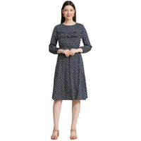 Toochki Women's Dark Blue Muslin Polka Dot Fit & Flared Western Dress | Dress For Women | A Line Dress | Winter Dress | Western Dress | Latest Women Dress | Trendy Dress | Midi Dress