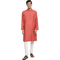 Fabindia Men's Viscose Silk Woven Relaxed Kurta (102885803_Coral