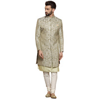 Kisah Sherwani Set For Men  Silk Blend Embroidered Indo Western Sherwani With Kurta And Trouser | Designer Ethnic Outfit For Weddings & Festivals, Olive-Green, 40