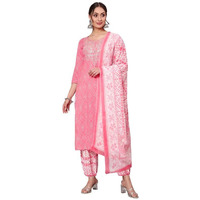 Pinkmint Women Cotton Straight Printed Kurta With Pant & Dupatta Pink
