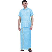 Prakasam Cotton-Mens Art Silk Wedding Set/Art Silk 8 Mulam (8-Yard) Dhoti And Stitched Half Sleeve Shirt
