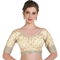 Pujia Mills Women Indian Ethnic Wear Designer Golden Codding With Zari Embroidered Diamond Work Round Neck Half Sleeve Readymade Aari Work Saree Blouse Bridal Readymade Blouse Cream For Lehenga Choli