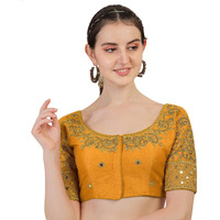 Pujia Mills Blouse Readymade Stylish Design Half Sleeve Blouse Readymade Maggam Work Blouse Saree Blouse Readymade Parrot Blouse Maggam Work Designs Pattu Aari Work Blouse (Yellow Color, 38)