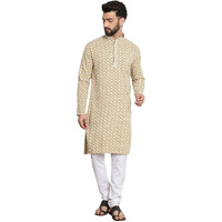 Sojanya (Since 1958 Men's Cotton Gold Embroidered Sequinned Beige Kurta With White Churidar Pyjama
