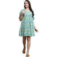 Stylum Women's Floral Printed Cotton Flared Dress (Drsturqsoul36_Turquoise, S)