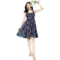 Varanga Women Navy Blue Floral Printed V-Neck Tiered Dress With Flared Hem  Elegant And Trendy Casual Wear