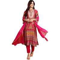 Varanga Women Pink Ethnic Floral Printed Gota Embellished Flared Sleeve Kurta With Solid Trouser & Dupatta  Stylish Ethnic Set (Vardup2209-L)