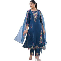 Varanga Women Navy Blue Embroidered Scallop Detail Kurta Paired With Bottom And Dupatta