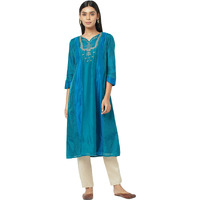 Fabindia Women's Cotton Silk Embroidered Regular Kurta_Teal_S