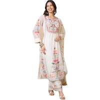 Fashion Basket Women's Faux Georgette Embroidered Straight Kurta With Dupatta (Small, White)