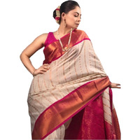 Flosive Women's White & Pink Soft Aura Kanjivaram Silk Saree With Blouse