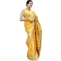 Flosive Women's Present Banarasi Soft Lichi Silk Saree Beautiful Jacquard Rich Pallu Design Work Zari Woven Kanjivaram Silk Style Saree With Soft Lichi Silk Blouse Piece (Yellow)