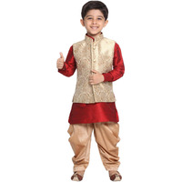 Vastramay Banarasi Brocade Woven Jacquard Nehru/Modi Jacket With Silk Pathani Kurta & Dhoti Pant Set  Traditional Ethnic Wear For Boys