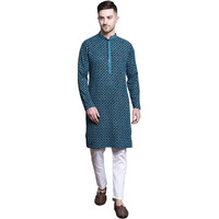 Jompers Mens Sequin Embroidered Pure Cotton Kurta With Pyjamas (Blue, S)
