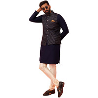 Kisah Men's Kurta Jacket Churidar Set, Navy Blue Cotton Blend, Woven Design Regular Fit Mandarin Collar Long Sleeves-40