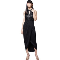 Miss Chase Women's Black Halter Neck Sleeveless Solid Embellished Midi Dress (Mcaw21D13-17-62-05, Black, L)