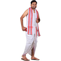 Prakasam Cotton Men's Panchakacham (Ready To Wear) Dhoti Towel Set With Pocket- Free Size. (White-2)