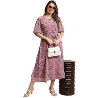Preneum Women's Maxi Fit & Flare Print Georgette Regular Sleeves Casual |Summer |Casual & Everyday Wear (In, Alpha, S, Plus, Light Pink)