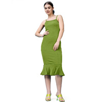 Purvaja Womens Ruffle Below Knee Length Dress (Shine-021-Olive_Green_Medium)