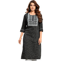 Sanisa Women's Cotton Self Woven Sequence Embroidery Work Straight Kurti (474K10025N-Xl_Black & White)