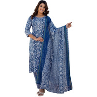 Sanisa Women's Cotton Printed Straight Kurta With Pant And Dupatta Set (230Kbd2435N-M_Dark Blue & White)