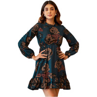 Selvia Women's Western Dress | Printed Full Sleeve Rayon Blend Western Dress For Women | Banded Collar Fit & Flare Dress For Women | One Piece Dress For Women (637Dtk7714N-S_Rama Green & Multi)