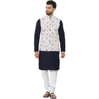 Sojanya (Since 1958 Men's Pure Cotton Navy Kurta And White Pyjama With Sequins Cream Nehru Jacket