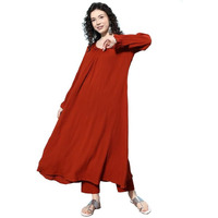 Varanga Women Rust Colour Bishop Sleeve A-Line Kurta With Front Pleat, V-Neck, Paired With Tonal Bottom
