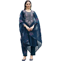 Womanista Women's Teal Blue Color Cotton Blend Multi Embroidered Kurta Set With Printed Organza Dupatta(Kurtaset_1339_M)