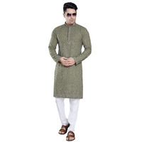 Divisive Men's Sequince Embroidered Cotton Blend Slim Fit Kurta Pyjama Set (Dkrt147_Xl_Olive Green)