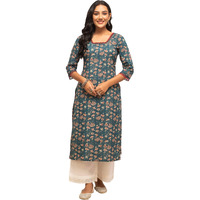 Fiorra Women's Turquise Floral Printed Cotton Straight Kurta Far0105