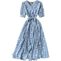 Gufrina Dresses For Women Half Sleeve || Floral Print || V-Neck And Puff Sleeves || Front Open Button & Tie-Up || Midi Dress (Aqua Blue S)