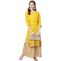 Idalia Women's Mustard Rayon Kurta With Beige Palazzo (Mustard, Xs)