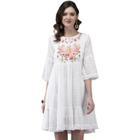 Ishin Women's Cotton Blend White Embroidered A-Line Dress