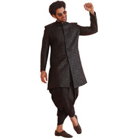 Kisah Men's Indo-Western Sherwani Dhoti Set, Shinny Black Jacquard, Woven Regular Fit Mandarin Collar Long Sleeves (42)
