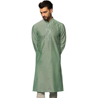 Kisah Cotton Kurta For Men, Full Sleaves, Knee Length, Straight, Regular Fit, Mandarin Collar, Geometric Embroidered Mirror Work Green Ethnic Wear
