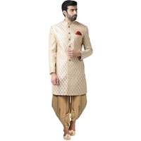 Kisah Men's Cotton Blend Full Sleeves Regular Fit Woven Design Cream-Beige Indo-Western Sherwani Dhoti Pant Set (Xl)
