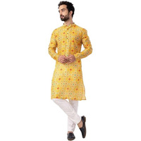 Lookmark Men's Cotton Blend Printed Long Kurta Suitable For All Indian Wedding, Occasions, And Festivals (Az-Lm-Og-Kurta 26-Xxl) Yellow