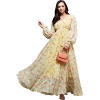 Miss Chase Women's V-Neck Bishop Sleeve Floral Gathered Chiffon Maxi Dress (Mcss23D06-65-278-04, Multicolored-Base-Lime Yellow, M)