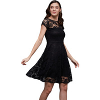 Miss Chase Women's Black Round Neck Cap Sleeves Low Back Lace Skater Dress (Mcaw15D05-43-62_Black_M)