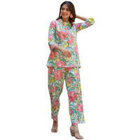 Nainvish Women's Sea Green Printed Straight Cotton Blend Shirt Collar Co-Ord Set (Sd680_Kb-M)