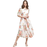 Preneum Women's Maxi Fit & Flare Latest Style Print Georgette Regular Sleeves Casual Summer Maxi Dress || Festival & Occasion, Off White, M
